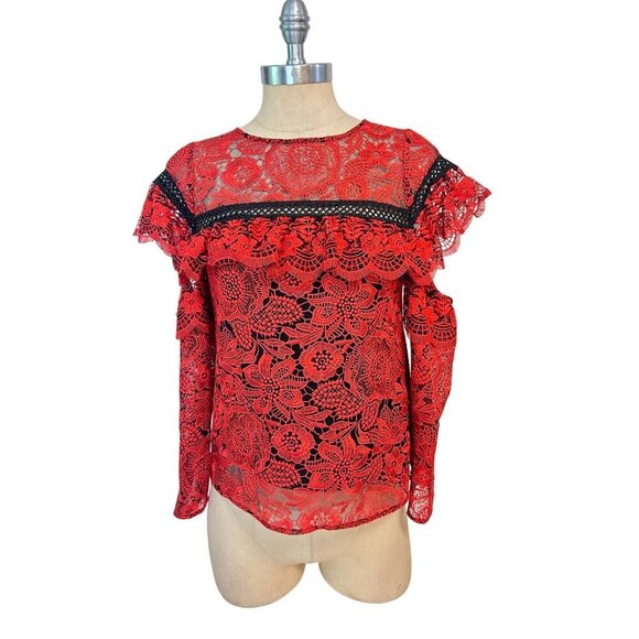 RED CARTER Sheffield Red Lace Top In Carmine Cold Shoulder Size XS - Picture 2 of 8